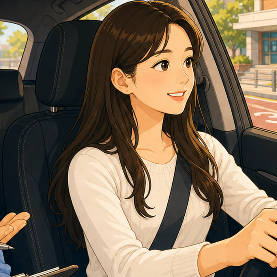 도로 주행 중 전방을 확인하는 운전자 일러스트 · 출퇴근운전연수 학습 안내용 AI 예시